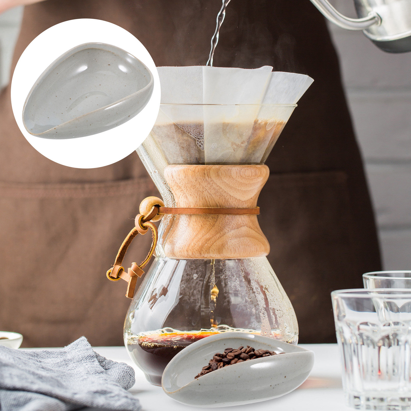 Coffee Tea And Bean - صينية سيراميك لحبوب القهوة، كوب قياس،